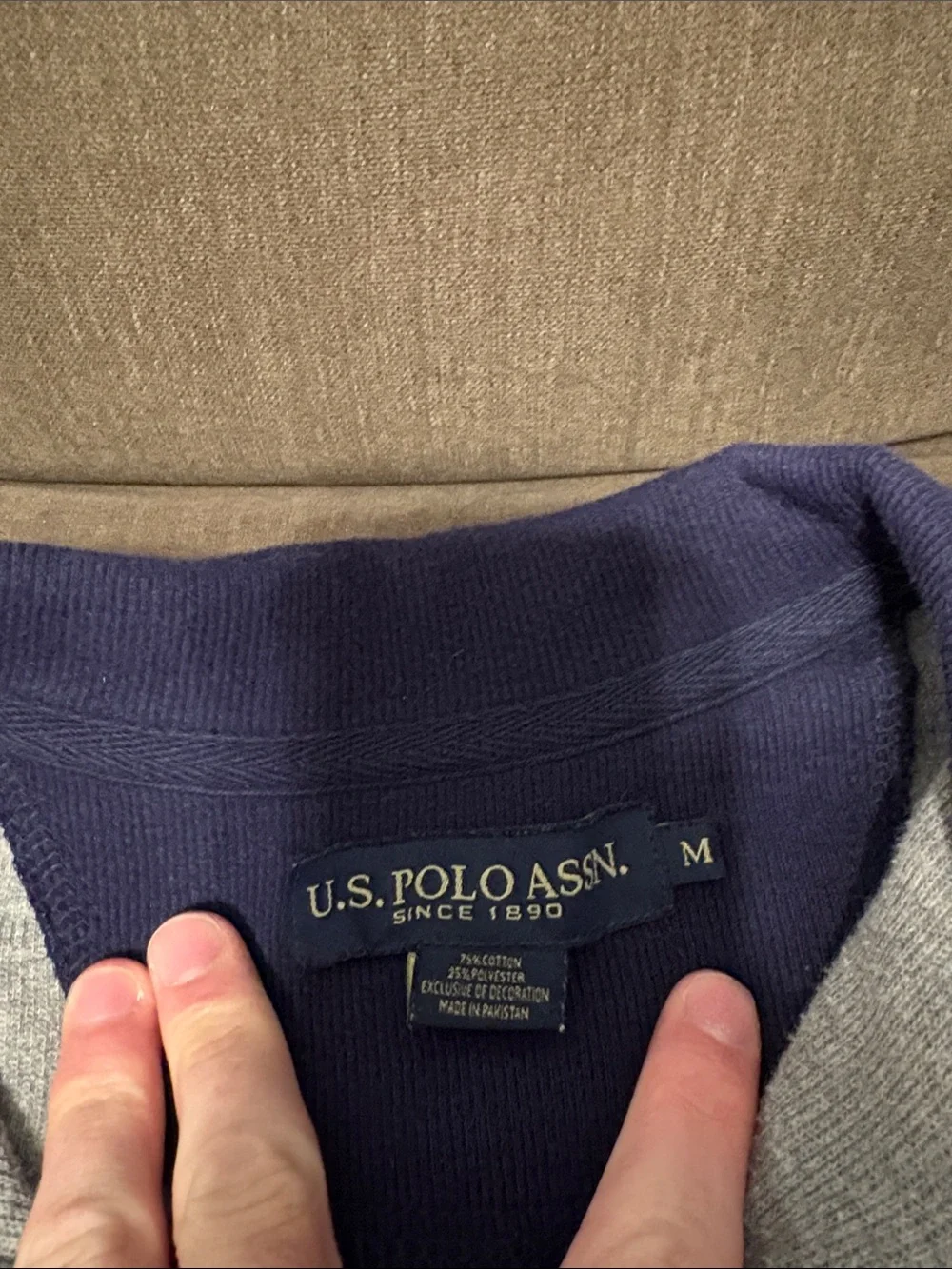 U.S. Polo Assn. Light Gray Quarter-Zip Sweater with Navy Collar